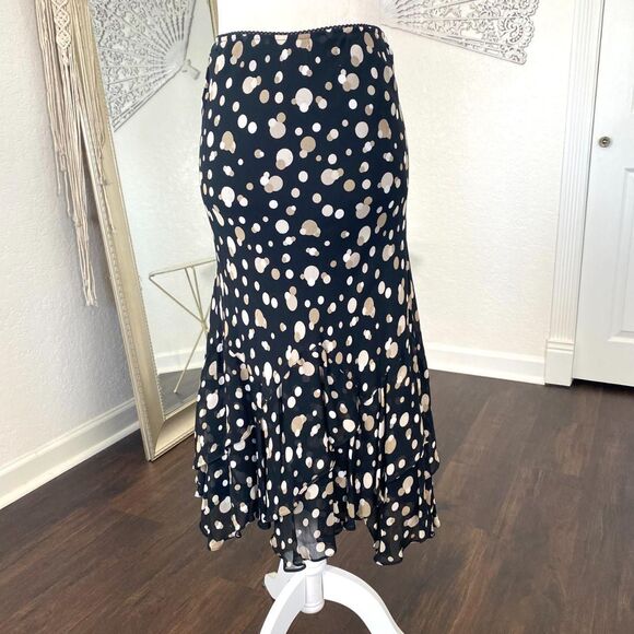 Early 2000's Cream White Polkadot Black Mesh Tiered Frilly Midi Skirt 14 / L - Picture 5 of 7
